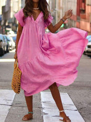 Loose V neck Gored Pure Maxi Dresses