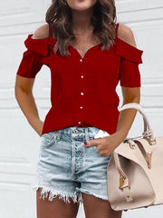 Casual fashion off shoulder strap short sleeve T-shirts
