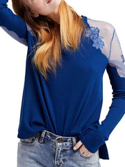 Sexy Lace Flowers Round Neck Long Sleeve T-shirts Top