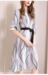 Fashion Print Lacing Round neck Long sleeve Skater Dresses