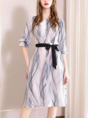 Fashion Print Lacing Round neck Long sleeve Skater Dresses
