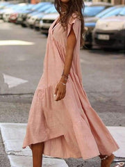 Loose V neck Gored Pure Maxi Dresses