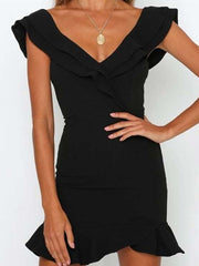 Backless V neck Falbala Sleeveless Bodycon Dresses