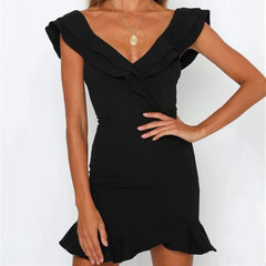 Backless V neck Falbala Sleeveless Bodycon Dresses