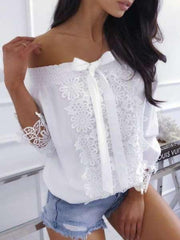 Off shoulder Bowknot Lacing Print Blouses