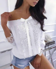 Off shoulder Bowknot Lacing Print Blouses