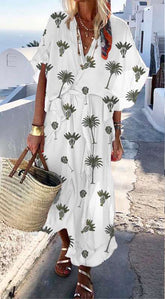 Fashion Casual Print V neck Short sleeve Lacing Falbala Maxi Dresses