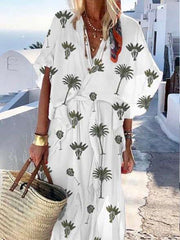 Fashion Casual Print V neck Short sleeve Lacing Falbala Maxi Dresses