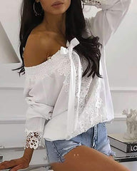Off shoulder Bowknot Lacing Print Blouses