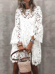 Sexy elegant women white two pieces hollow out shift dresses