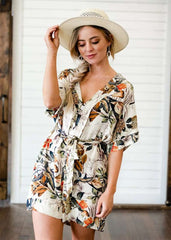 Fashion Print V neck Short sleeve Lacing Shift Dresses