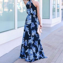 Fashion Print Halter Sleeveless Vent Maxi Dresses