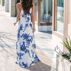 Fashion Print Halter Sleeveless Vent Maxi Dresses