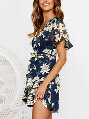 Fashion Floral Printed Short Sleeves Deep V Printed Skater Dresses