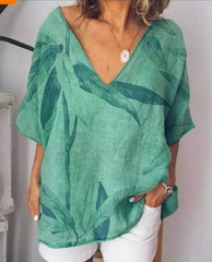 Loose Print V neck Short sleeve T-Shirts