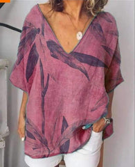 Loose Print V neck Short sleeve T-Shirts