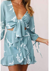 Sexy Bowknot Falbala Print V neck Long sleeve Skater Dresses
