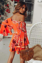 Fashion Print Off shoulder Long sleeve Skater Dresses