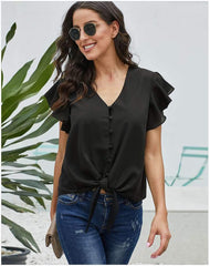 Pure V neck Fastener Short sleeve Falbala T-Shirts