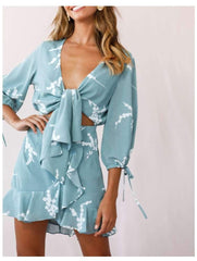 Sexy Bowknot Falbala Print V neck Long sleeve Skater Dresses