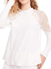 Sexy Lace Flowers Round Neck Long Sleeve T-shirts Top