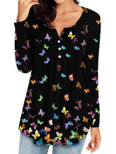 Women casual chic round neck butterfly women button long sleeve spring T-shirts