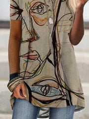 Character Casual Round Neckline Short Sleeve Blouses