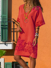 Casual Cotton-Blend V Neck Dresses