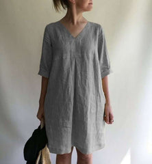 Casual Loose Pure V neck Half sleeve Shift Dresses
