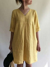 Casual Loose Pure V neck Half sleeve Shift Dresses