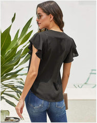 Pure V neck Fastener Short sleeve Falbala T-Shirts