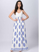 Fashion Lace Print Gored Backless Vest Maxi Dresses