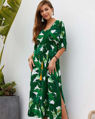 Fashion Print V neck Lacing Maxi Dresses