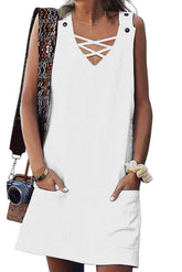 V neck Sleeveless Pure Shift Dresses
