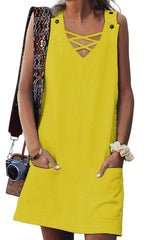 V neck Sleeveless Pure Shift Dresses