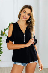 Casual Off shoulder Zipper Lacing T-Shirts