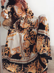 Vintage Printed V-neck long sleeves wide hem maxi dresses