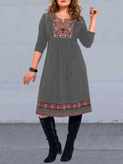 Black Crew Neck Casual Tribal Printed Dresses