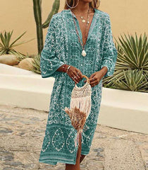 Fashion Loose Print V neck Maxi Dresses