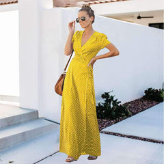 Fashion Point print Short sleeve V neck Lacing Maxi Dresses