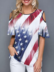 Loose Off shoulder Print Short sleeve T-Shirts