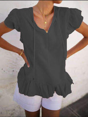 Casual Falbala V neck Short sleeve Lacing Blouses