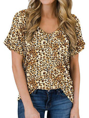Women cotton blend leopard printed v neck T-shirts