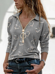 Love digital printed V-neck zipper fashion casual long sleeve T-shirts