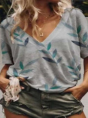 Casual Plus Print Short sleeve V neck T-Shirts