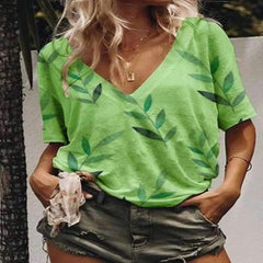 Casual Plus Print Short sleeve V neck T-Shirts