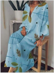 Fashion Loose Print V neck Maxi Dresses