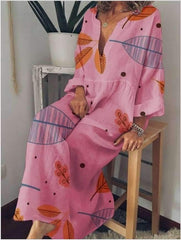 Fashion Loose Print V neck Maxi Dresses