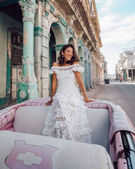 Fashion Lace Off shoulder Hollow out Falbala Evening Dresses