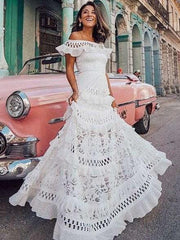 Fashion Lace Off shoulder Hollow out Falbala Evening Dresses
